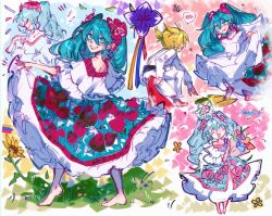 1boy 1girl aqua_eyes aqua_hair barefoot colombia colombian_clothes colombian_miku dress earrings flower hatsune_miku highres jewelry kagamine_len long_hair noree smile sunflower twintails vocaloid worldwide_miku