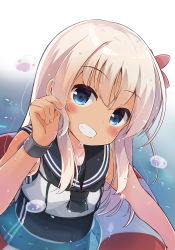 Rule 34 | 1girl, blue eyes, blush, bracelet, commentary request, crop top, flower, hair between eyes, hair flower, hair ornament, jewelry, kantai collection, lifebuoy, long hair, looking at viewer, one-piece swimsuit, one-piece tan, open mouth, partially submerged, ro-500 (kancolle), sailor collar, school swimsuit, smile, solar milk, solo, swim ring, swimsuit, swimsuit under clothes, tan, tanline, water, wet, white hair