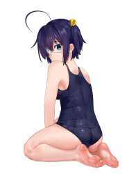 Rule 34 | 1220060931, 1girl, absurdres, ahoge, barefoot, black hair, black one-piece swimsuit, blue eyes, breasts, chuunibyou demo koi ga shitai!, highres, looking at viewer, looking back, one-piece swimsuit, one side up, school swimsuit, seiza, short hair, simple background, sitting, small breasts, solo, swimsuit, takanashi rikka, white background