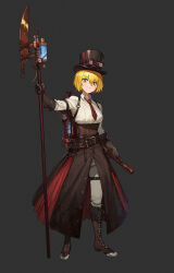 Rule 34 | 1girl, blonde hair, boots, brown footwear, brown gloves, brown hat, brown overskirt, collared shirt, commentary, don quixote (project moon), elbow gloves, full body, gloves, goggles, goggles on headwear, grey background, hat, highres, holding, holding staff, jason kim, limbus company, looking at viewer, necktie, overskirt, pants, project moon, red eyes, red necktie, shirt, short hair, simple background, smile, solo, staff, standing, steampunk, top hat, white pants, white shirt
