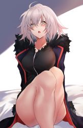 Rule 34 | 1girl, :o, absurdres, ahoge, bed sheet, black dress, breasts, coat, crossed bangs, dress, fate/grand order, fate (series), fur-trimmed coat, fur-trimmed jacket, fur collar, fur trim, hair between eyes, highres, jacket, jeanne d&#039;arc (fate), jeanne d&#039;arc alter (fate), jeanne d&#039;arc alter (ver. shinjuku 1999) (fate), large breasts, looking at viewer, official alternate costume, open clothes, open coat, open mouth, short dress, short hair, silver hair, sitting, thighs, wicked dragon witch ver. shinjuku 1999, yellow eyes, yuki maccha (yukimattya10)