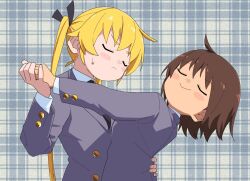Rule 34 | 2girls, black necktie, black ribbon, blonde hair, blush, brown hair, buttoned cuffs, buttons, closed eyes, closed mouth, collared shirt, dancing, grey jacket, hair ribbon, hand on another&#039;s waist, highres, holding hands, jacket, kill me baby, leaning back, long hair, long sleeves, multiple girls, necktie, oribe yasuna, plaid, plaid background, ribbon, shirt, short hair, smile, sonya (kill me baby), sweat, twintails, upper body, white shirt, yachima tana