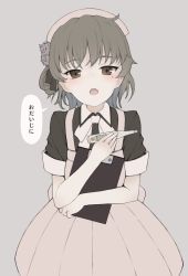 Rule 34 | 1girl, bad id, bad twitter id, black ribbon, black shirt, blush, bow, bowtie, brown eyes, brown hair, clipboard, collared shirt, commentary, digital thermometer, fangs, flower, grey background, grey flower, grey rose, hair flower, hair ornament, hair ribbon, hat, hatoba tsugu, holding, holding clipboard, holding thermometer, light blush, medium skirt, mole, mole under eye, nurse, nurse cap, open mouth, petag2, pink hat, pink skirt, pleated skirt, ribbon, rose, shirt, short sleeves, simple background, skirt, solo, thermometer, translated, virtual youtuber, white bow, white bowtie