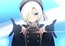 Rule 34 | 1girl, beret, black cape, black gloves, black hat, blonde hair, cape, deadnooodles, flat chest, gloves, grey eyes, hair over one eye, hat, looking at viewer, love live!, love live! nijigasaki high school idol club, mia taylor, one eye covered, outstretched arms, short hair, smile, solo, stars we chase (love live!), upper body, v-shaped eyebrows