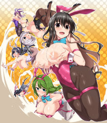 Rule 34 | 6+girls, ahoge, alternate costume, animal ears, aqua bow, armband, bare shoulders, black hair, black legwear, black leotard, blue eyes, blue neckwear, blush, bouncing breasts, bow, bowtie, breasts, breasts out, breasts squeezed together, collarbone, colored inner hair, deep skin, detached collar, fake animal ears, falling, feet out of frame, finger to mouth, fishnet pantyhose, fishnets, grabbing, grabbing another&#039;s breast, green hair, hagikaze (kancolle), hair ornament, hair over one eye, hairband, hairclip, hamakaze (kancolle), hanging breasts, hayashimo (kancolle), high heels, highleg, highleg leotard, highres, huge breasts, inverted nipples, jumping, kantai collection, lactation, large breasts, leotard, long hair, mole, mole under mouth, multicolored hair, multiple girls, naganami (kancolle), nipple stimulation, nipple tweak, nipples, open mouth, pantyhose, pink hair, pink leotard, playboy bunny, polka dot, polka dot background, purple hair, purple leotard, rabbit ears, rabbit tail, side ponytail, silver hair, skindentation, smile, strapless, strapless leotard, surprised, tail, upside-down, ushio (kancolle), wardrobe malfunction, white legwear, wrist cuffs, yellow background, yellow eyes, yellow neckwear, yoshi tama, yuugumo (kancolle)