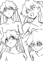 Rule 34 | 1girl, absurdres, breasts, expressionless, eywy4324, highres, long hair, looking at viewer, monochrome, multiple views, neon genesis evangelion, nude, solo, souryuu asuka langley, standing, upper body, white background