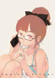 Rule 34 | bad id, bad pixiv id, brown hair, camisole, cellphone, finger to mouth, glasses, hair ribbon, hugging own legs, knees to chest, phone, pink eyes, ribbon, sakamoto himemi, shushing, solo