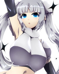 Rule 34 | 10s, 1girl, :&lt;, arm up, armpits, blue eyes, breasts, elbow gloves, gloves, large breasts, long hair, looking at viewer, miss monochrome, miss monochrome (character), navel, silver hair, simple background, solo, star (symbol), tokyo (great akuta), twintails, white background