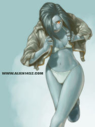 Rule 34 | 1girl, alien1452, bikini, blue hair, blue skin, breasts, colored skin, cropped legs, female focus, gradient background, hair over one eye, jacket, long sleeves, looking at viewer, navel, no pants, open clothes, open jacket, red eyes, short hair, solo, swimsuit, thighs, watermark, web address, white bikini