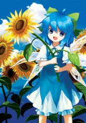 Rule 34 | 1girl, bad id, bad pixiv id, blue eyes, blue hair, bow, chagen kokimu, cirno, female focus, flower, hair bow, highres, matching hair/eyes, nature, open mouth, outdoors, plant, sky, smile, solo, sunflower, touhou