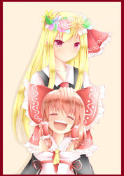 Rule 34 | 2girls, :d, ^ ^, aged down, aged up, blonde hair, blouse, bow, brown hair, closed eyes, detached sleeves, flower wreath, hair bow, hair ribbon, hair tubes, hakurei reimu, hand on another&#039;s head, head wreath, multiple girls, open mouth, red eyes, ribbon, rumia, shirt, smile, touhou, vest, wreath
