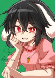 Rule 34 | 1girl, absurdres, animal ears, black hair, breasts, carrot necklace, dress, frilled sleeves, frills, green background, hair between eyes, hand on own cheek, hand on own face, highres, inaba tewi, jewelry, looking at viewer, medium hair, mizuhara (pix ivi xiq), necklace, open mouth, pink dress, puffy short sleeves, puffy sleeves, rabbit ears, rabbit girl, red eyes, red ribbon, ribbon, ribbon-trimmed sleeves, ribbon trim, short sleeves, simple background, small breasts, solo, teeth, touhou, twitter username, upper body