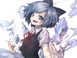 Rule 34 | 1girl, blue bow, blue eyes, blue hair, blue wings, bow, cirno, collared shirt, commentary request, fingernails, frog, frozen frog, highres, hito komoru, ice, ice wings, looking at viewer, medium hair, neck ribbon, open mouth, red ribbon, ribbon, see-through, shirt, short sleeves, simple background, smile, solo, teeth, touhou, upper body, vest, white background, white shirt, wing collar, wings