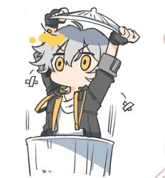 Rule 34 | 1boy, ahoge, arms up, black gloves, black jacket, caelus (honkai: star rail), chibi, commentary, english commentary, fingerless gloves, gloves, grey hair, hair between eyes, holding, honkai: star rail, honkai (series), hood, hooded jacket, jacket, long sleeves, looking to the side, male focus, no mouth, open clothes, open jacket, shirt, short hair, simple background, solo, t-shirt, tian kazuki, trailblazer (honkai: star rail), trash can, two-sided fabric, two-sided jacket, v-shaped eyebrows, white background, white shirt, yellow eyes, yellow jacket