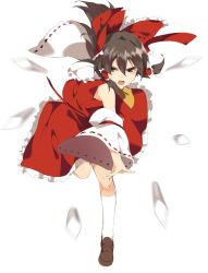 Rule 34 | 1girl, armpit peek, ascot, bad id, bad twitter id, bare shoulders, black hair, bow, brown eyes, brown footwear, detached sleeves, full body, hair bow, hair tubes, hakurei reimu, hasebe yuusaku, japanese clothes, loafers, long hair, looking at viewer, miko, motion blur, open mouth, red bow, red shirt, red skirt, ribbon-trimmed clothes, ribbon trim, shirt, shoes, sidelocks, skirt, skirt set, sleeveless, sleeveless shirt, socks, solo, standing, standing on one leg, throwing, touhou, white socks