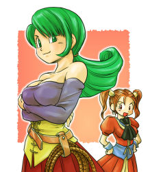 Rule 34 | 2girls, bad id, bad pixiv id, bare shoulders, breast hold, breasts, carrie golding, cleavage, corset, cosplay, costume switch, detached sleeves, dragon quest, dragon quest viii, dress, green eyes, green hair, jessica albert, large breasts, long hair, multiple girls, orange hair, pekuchin (pekuchin 3), purple shirt, red eyes, shirt, smile, square enix, strapless, strapless dress, twintails, whip, yukke (dq8)