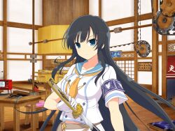 1girl armband ascot belt belt_pouch black_hair blue_armband blue_eyes blue_sailor_collar blush breasts brown_belt buttons chair closed_mouth collarbone crt double-breasted gears gloves hanzou_academy_uniform hime_cut holding_scabbard ikaruga_(senran_kagura) indoors kunai large_breasts long_hair looking_at_viewer midriff_peek navel ninto_(senran_kagura) official_art ootachi orange_ascot pouch ribbon sailor_collar saya_(scabbard) school_uniform senran_kagura senran_kagura_new_link senran_kagura_shoujo-tachi_no_shin&#039;ei serafuku sheath shirt shouji shuriken skirt sliding_doors solo sword table television tsuka_(handle) v-shaped_eyebrows very_long_hair weapon white_gloves white_serafuku white_shirt wooden_floor