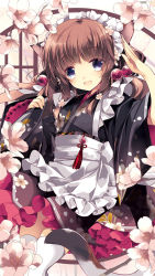Rule 34 | 1girl, :d, animal ears, apron, brown eyes, brown hair, cat ears, cat tail, cherry blossoms, japanese clothes, kimono, long hair, looking at viewer, maid, maid apron, mizuki (hmndk), open mouth, original, salute, smile, solo, tail, thighhighs, wa maid, white thighhighs, zettai ryouiki