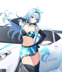 Rule 34 | 1girl, arm up, bandeau, bare shoulders, black gloves, black shirt, black thighhighs, blue eyes, blue hair, blue skirt, bow, bowtie, breasts, car, choker, cleavage, closed mouth, closers, cowboy shot, crop top, cropped vest, elbow gloves, floating hair, gloves, hairband, highres, large breasts, long hair, looking at viewer, midriff, miniskirt, motor vehicle, navel, non-web source, official art, open clothes, open vest, race queen, race vehicle, racecar, shirt, side slit, skirt, smile, solo, standing, stomach, strapless, thighhighs, thighs, tube top, v-shaped eyebrows, vest, violet (closers), white vest, wing collar, zettai ryouiki