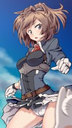 Rule 34 | 1girl, 547th sy, ascot, belt, blue eyes, blue sky, breasts, brown belt, brown hair, cat, cloud, cloudy sky, day, flower, gloves, grey eyes, grey shirt, highres, kantai collection, long hair, medium breasts, messy hair, military, military uniform, open mouth, outdoors, panties, pleated skirt, red ascot, red flower, red rose, rose, sheffield (kancolle), shirt, skirt, sky, solo, underwear, uniform, white gloves, white panties, white skirt