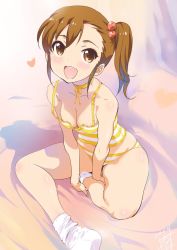 Rule 34 | 1girl, :d, bare legs, bikini, blush, breasts, brown eyes, brown hair, camisole, choker, cleavage, downblouse, futami mami, hair bobbles, hair ornament, heart, idolmaster, idolmaster (classic), inoue sora, jpeg artifacts, looking at viewer, open mouth, panties, ribbon choker, shirt, side ponytail, signature, sitting, smile, socks, solo, striped clothes, striped panties, striped shirt, swimsuit, tankini, underwear, underwear only, white socks, yellow panties