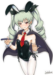 Rule 34 | 10s, 1girl, anchovy (girls und panzer), animal ears, bad id, bad pixiv id, breasts, cape, cleavage, detached collar, drill hair, eshi (solokov), fake animal ears, girls und panzer, green hair, highres, leotard, long hair, md5 mismatch, necktie, pantyhose, playboy bunny, rabbit ears, rabbit tail, red eyes, small breasts, solo, solokov (okb-999), tail, twin drills, twintails, whip, white pantyhose, wrist cuffs