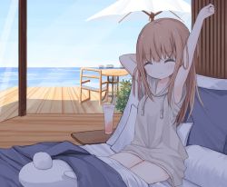 Rule 34 | 1girl, ^ ^, armpits, arms up, bed, blue sky, blush, breasts, brown hair, closed eyes, closed mouth, commentary request, cup, day, drawstring, drink, drinking glass, drinking straw, facing viewer, grey hoodie, hair between eyes, hood, hood down, hoodie, horizon, long hair, ocean, original, pillow, short sleeves, sitting, sky, small breasts, solo, stretching, under covers, very long hair, waka (yuuhagi (amaretto-no-natsu)), waking up, water, wide sleeves, yuuhagi (amaretto-no-natsu)