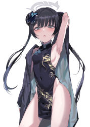 Rule 34 | 1girl, armpits, black dress, black hair, blue archive, breasts, china dress, chinese clothes, coat, covered navel, cowboy shot, double bun, dragon print, dress, grey coat, grey eyes, grey halo, hair bun, halo, highres, kayanogura, kisaki (blue archive), long hair, sideboob, simple background, small breasts, solo, striped coat, thighs, twintails, vertical-striped coat, white background