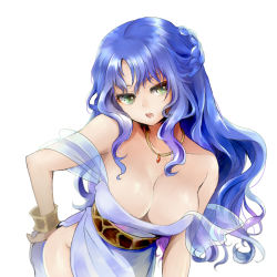 Rule 34 | 1girl, bare shoulders, blue hair, breasts, cleavage, compile, green eyes, half updo, hand on own hip, highres, jewelry, large breasts, leaning forward, long hair, madou monogatari, necklace, no panties, open mouth, puyopuyo, rulue (puyopuyo), sega, shiro hougyoku, simple background, solo, white background
