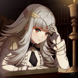 Rule 34 | 1girl, alternate costume, artist name, chair, closed mouth, fire emblem, fire emblem heroes, gloves, grey hair, hair ornament, highres, long hair, long sleeves, nintendo, red eyes, sitting, solo, upper body, veronica (fire emblem), white gloves, zedoraart