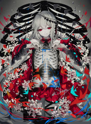 Rule 34 | 1girl, absurdres, ahoge, arknights, artist name, bare shoulders, black nails, commentary request, cowboy shot, dress, hair between eyes, head tilt, highres, holding, long hair, looking at viewer, nail polish, no headwear, official alternate costume, otome kaibou (vocaloid), red dress, red eyes, sheya, signature, silver hair, skadi (arknights), skadi the corrupting heart (arknights), smile, solo, vocaloid, x-ray