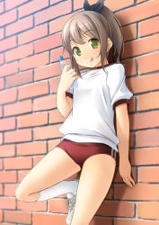 Rule 34 | 1girl, :q, black ribbon, blush, bottle, brick wall, brown hair, buruma, closed mouth, commentary request, green eyes, gym shirt, gym uniform, hair ribbon, hand up, highres, holding, holding bottle, kneehighs, original, ponytail, puffy short sleeves, puffy sleeves, red buruma, ribbon, shibacha, shirt, shoes, short sleeves, sidelocks, smile, socks, solo, standing, standing on one leg, tongue, tongue out, water bottle, white footwear, white shirt, white socks