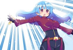 Rule 34 | 1girl, blue hair, blush, bodysuit, breasts, cropped jacket, gloves, highres, hys-d, jacket, kula diamond, long hair, looking at viewer, medium breasts, open mouth, red eyes, solo, the king of fighters