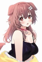 Rule 34 | 14 (vision5032), 1girl, animal ears, black camisole, blush, bone hair ornament, breasts, brown eyes, camisole, cartoon bone, cleavage, collar, collarbone, commentary request, dog ears, dog girl, dog tail, fang, hair ornament, highres, hololive, inugami korone, inugami korone (1st costume), long hair, looking at viewer, medium breasts, open mouth, red collar, simple background, solo, tail, virtual youtuber, white background