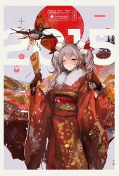 Rule 34 | 10s, 1girl, 2015, blush, cowboy shot, fur collar, grey hair, happy new year, japanese clothes, jpeg artifacts, kimono, lm7 (op-center), new year, obi, one eye closed, original, paddle, red eyes, sash, sketch, smile, solo, twintails
