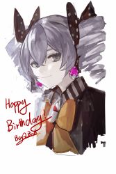 Rule 34 | 1girl, absurdres, bow, bowtie, bronya zaychik, bronya zaychik (wolf&#039;s dawn), brown jacket, closed mouth, drill hair, earrings, grey eyes, grey hair, hair between eyes, hair ribbon, happy birthday, highres, honkai (series), honkai impact 3rd, jacket, jewelry, looking at viewer, qbird449, ribbon, simple background, sketch, smile, solo, twin drills, white background, yellow bow, yellow bowtie