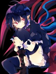 Rule 34 | 1girl, asymmetrical wings, belt boots, black dress, black hair, black thighhighs, blue wings, boots, bow, brown footwear, commentary, dress, foot out of frame, frilled dress, frills, highres, houjuu nue, hugging own legs, knee up, looking at viewer, nail polish, nikorashi-ka, one-hour drawing challenge, own hands clasped, own hands together, pointy ears, red bow, red eyes, red nails, red wings, short hair, short sleeves, sitting, solo, thighhighs, touhou, wings, wrist cuffs