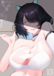 Rule 34 | 1girl, absurdres, animal ears, artist logo, artist name, black hair, blue eyes, blue hair, bra, breasts, chaunceley, cigarette holder, cleavage, collarbone, colored inner hair, erina makina, hair over one eye, highres, large breasts, multicolored hair, navel, parted lips, phase connect, qr code, see-through, see-through cleavage, shadow, short hair, single sleeve, smoke, smoking, solo, strapless, strapless bra, streaked hair, sweat, tiger ears, tiger girl, underwear, upper body, virtual youtuber, white bra, white sleeves
