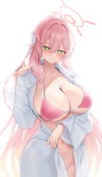 Rule 34 | absurdres, backlighting, bikini, bikini under clothes, blue archive, braid, halo, hanako (blue archive), hanako (swimsuit) (blue archive), highres, holding, holding own hair, no panties, official alternate costume, oversized clothes, oversized shirt, pink bikini, pink hair, pink halo, sayun (5 to 16 ), see-through, see-through shirt, shirt, side braid, smile, swimsuit, trinity general school swimsuit
