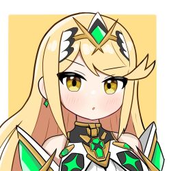 Rule 34 | 1girl, :o, bare shoulders, blonde hair, blush, brown background, brown eyes, commentary request, dress, headpiece, highres, long hair, looking at viewer, mythra (massive melee) (xenoblade), mythra (xenoblade), parted lips, plum ssbu, solo, two-tone background, upper body, v-shaped eyebrows, white background, white dress, xenoblade chronicles (series), xenoblade chronicles 2