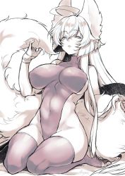 Rule 34 | 1girl, ahoge, animal ears, bed sheet, covered erect nipples, covered navel, eyes visible through hair, fox ears, fox girl, fox tail, gloves, greyscale, half-closed eyes, half gloves, highres, leotard, long hair, monochrome, original, parted lips, signature, simple background, sitting, solo, tail, takatsuki ichi, thighhighs, white background