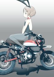 Rule 34 | 1girl, animal ears, black leotard, bow, bowtie, brown eyes, brown hair, closed mouth, fake animal ears, fake tail, from side, girls und panzer, gradient background, grey background, grey pantyhose, highres, leotard, looking at viewer, maruyama saki, motor vehicle, motorcycle, no shoes, on vehicle, pantyhose, pero (gessoyo), playboy bunny, rabbit ears, rabbit tail, red bow, red bowtie, shadow, short hair, sitting, solo, strapless, strapless leotard, tail