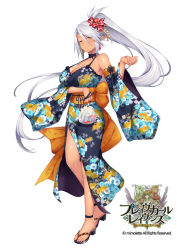 Rule 34 | ;), bag, bagged fish, bow, brave girl ravens, breasts, brown eyes, character request, company name, copyright name, earrings, elf, fish, floral print, full body, goldfish, hair bow, highres, horosuke, japanese clothes, jewelry, kimono, large breasts, long hair, looking at viewer, obi, official art, one eye closed, pointy ears, ponytail, red bow, sandals, sash, silver hair, smile, standing, very long hair, watermark, wide sleeves, yukata