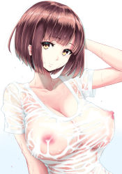Rule 34 | 1girl, bad id, bad pixiv id, blunt bangs, bob cut, breasts, brown eyes, brown hair, cleavage, closed mouth, collarbone, covered erect nipples, gradient background, large breasts, looking at viewer, nipples, original, piston ring, see-through, shirt, short hair, short sleeves, smile, solo, t-shirt, upper body, wet, wet clothes, wet shirt