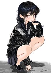 Rule 34 | 1girl, arm between legs, black footwear, black hair, black jacket, black sailor collar, black skirt, braid, brown eyes, commission, full body, hand up, highres, holding, holding own hair, jacket, leather, leather jacket, light blush, loafers, long hair, long sleeves, looking at viewer, low twin braids, luicent, miniskirt, off shoulder, open clothes, open jacket, original, parted lips, pleated skirt, sailor collar, sailor shirt, school uniform, serafuku, shirt, shoes, signature, skeb commission, skirt, solo, squatting, twin braids, white background, white shirt