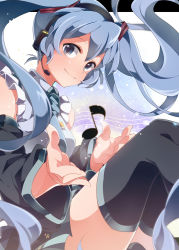 Rule 34 | 1girl, blue eyes, blue hair, detached sleeves, hatsune miku, headset, highres, long hair, looking at viewer, matching hair/eyes, musical note, necktie, sitting, skirt, smile, solo, thighhighs, twintails, umiko (munemiu), very long hair, vocaloid