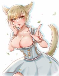 Rule 34 | 1girl, absurdres, akira-tama, animal ears, warrior of light (ff14), blonde hair, bracelet, breasts, cat ears, cat tail, final fantasy, final fantasy xiv, highres, huge filesize, jewelry, large breasts, looking at viewer, miqo&#039;te, scoop neck, short hair, solo, swept bangs, tail, yellow eyes