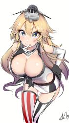 Rule 34 | 10s, 1girl, :p, bare shoulders, blonde hair, blue eyes, breasts, cleavage, coda (simon1995), elbow gloves, fingerless gloves, garter straps, gloves, highres, iowa (kancolle), kantai collection, large breasts, leaning forward, long hair, looking at viewer, midriff, miniskirt, navel, skirt, smile, solo, star-shaped pupils, star (symbol), striped clothes, striped thighhighs, symbol-shaped pupils, thighhighs, tongue, tongue out, vertical stripes, zettai ryouiki