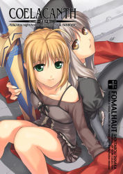 Rule 34 | 00s, 2girls, :o, ahoge, artoria pendragon (all), artoria pendragon (fate), back-to-back, bare shoulders, black legwear, black ribbon, blonde hair, brown eyes, brown skirt, caren hortensia, collarbone, fate/hollow ataraxia, fate/stay night, fate (series), from above, green eyes, hat, layered sleeves, long hair, looking at viewer, looking up, multiple girls, official alternate costume, pantyhose, parted lips, pleated skirt, puffy short sleeves, puffy sleeves, red ribbon, ribbon, saber (fate), short hair, short sleeves, silver hair, sitting, skirt, smile, sword, tanaka shoutarou, weapon