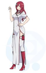 Rule 34 | 10s, 1girl, boots, cleavage cutout, clothing cutout, conception: ore no kodomo wo undekure!, full body, hand on own hip, high heel boots, high heels, knee boots, long hair, nail polish, nurse, official art, red footwear, red hair, reone (conception), short sleeves, solo, thighhighs